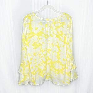 Worthington Long Sleeve Ruffle Keyhole Back Watercolor Blouse Yellow White XXL